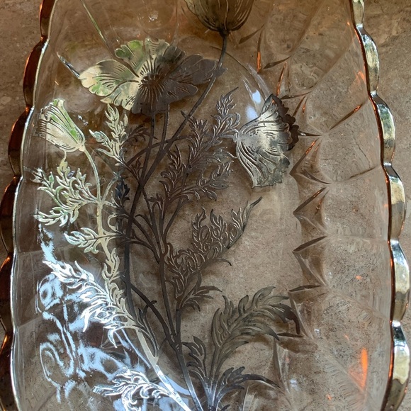 Vintage Sterling Silver City On Clear Crystal Flanders Flowers Oval Bowl Plate - Picture 4 of 8